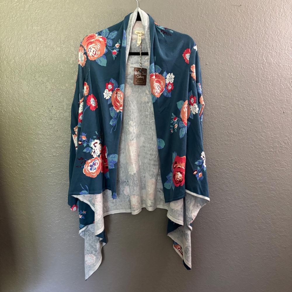 Matilda Jane Floral Open Front Cardigan Teal Blue Coral Sharkbite Hem XXL NWT